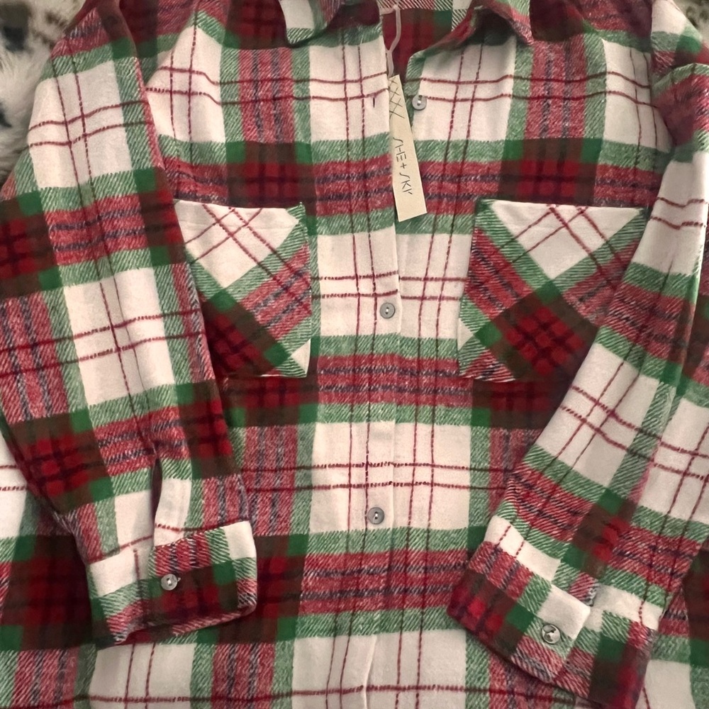 She + Sky Women's Plaid Button Down Shacket in Red, Green, and White